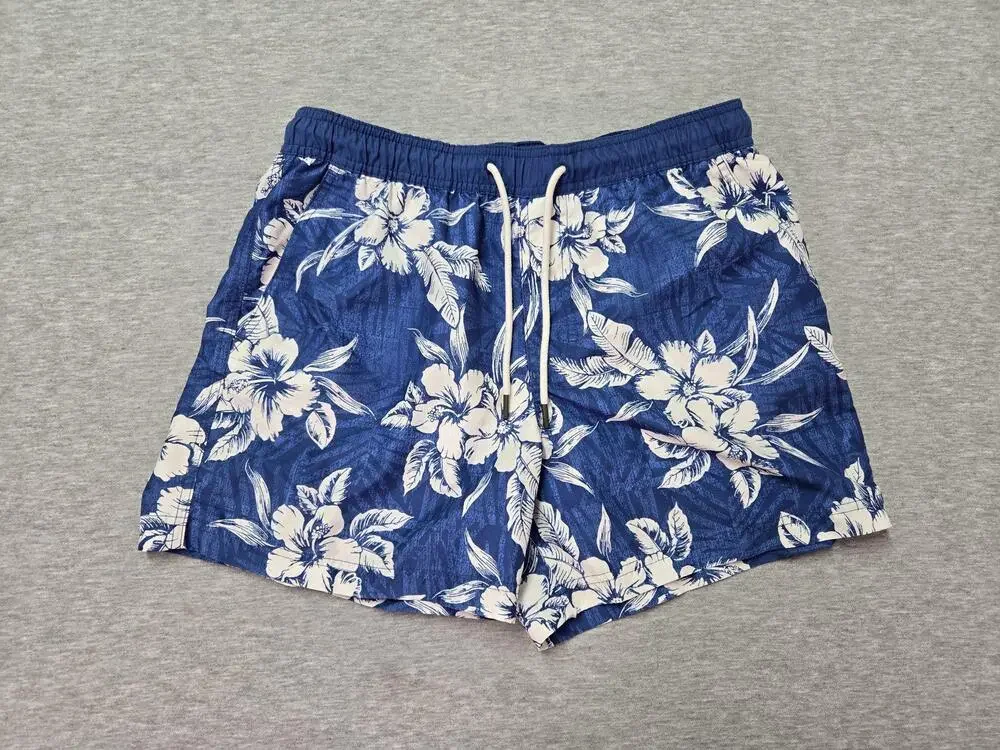 American Eagle Shorts Mens Medium Blue Floral Hawaiian Swim Trunks Lined Pockets